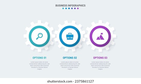 Timeline infographic with infochart. Modern presentation template with 3 spets for business process. Website template on white background for concept modern design. Horizontal layout.
