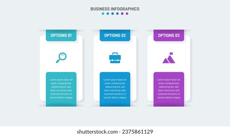 Timeline infographic with infochart. Modern presentation template with 3 spets for business process. Website template on white background for concept modern design. Horizontal layout.