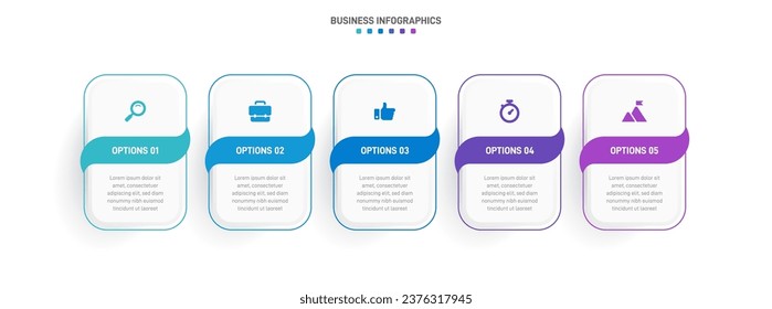 Timeline infographic with infochart. Modern presentation template with 5 spets for business process. Website template on white background for concept modern design. Horizontal layout.