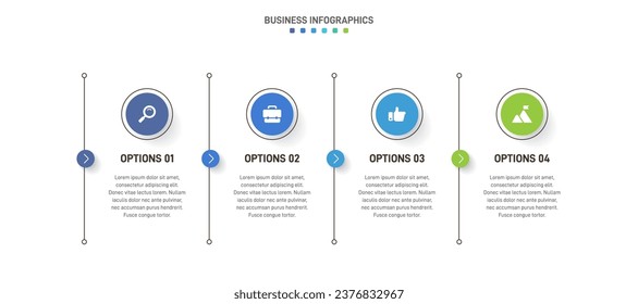 Timeline infographic with infochart. Modern presentation template with 4 spets for business process. Website template on white background for concept modern design. Horizontal layout.