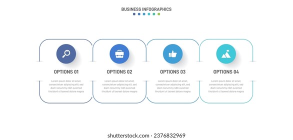 Timeline infographic with infochart. Modern presentation template with 4 spets for business process. Website template on white background for concept modern design. Horizontal layout.