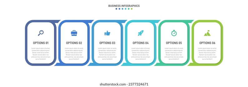 Timeline infographic with infochart. Modern presentation template with 6 spets for business process. Website template on white background for concept modern design. Horizontal layout.