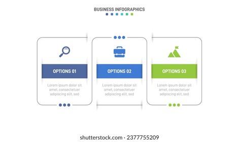 Timeline infographic with infochart. Modern presentation template with 3 spets for business process. Website template on white background for concept modern design. Horizontal layout.