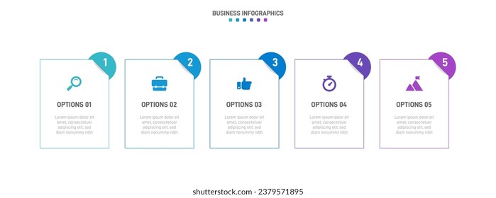 Timeline infographic with infochart. Modern presentation template with 5 spets for business process. Website template on white background for concept modern design. Horizontal layout.