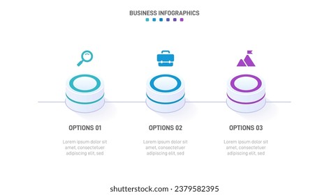 Timeline infographic with infochart. Modern presentation template with 3 spets for business process. Website template on white background for concept modern design. Horizontal layout.