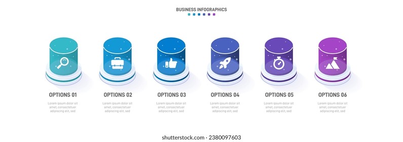 Timeline infographic with infochart. Modern presentation template with 6 spets for business process. Website template on white background for concept modern design. Horizontal layout.