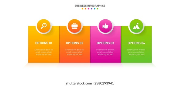 Timeline infographic with infochart. Modern presentation template with 4 spets for business process. Website template on white background for concept modern design. Horizontal layout.