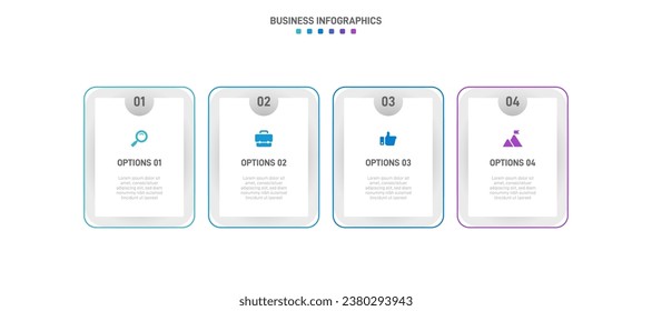 Timeline infographic with infochart. Modern presentation template with 4 spets for business process. Website template on white background for concept modern design. Horizontal layout.