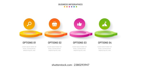 Timeline infographic with infochart. Modern presentation template with 4 spets for business process. Website template on white background for concept modern design. Horizontal layout.