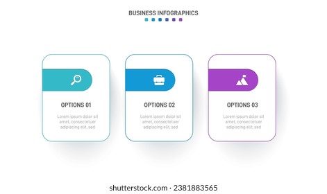 Timeline infographic with infochart. Modern presentation template with 3 spets for business process. Website template on white background for concept modern design. Horizontal layout.