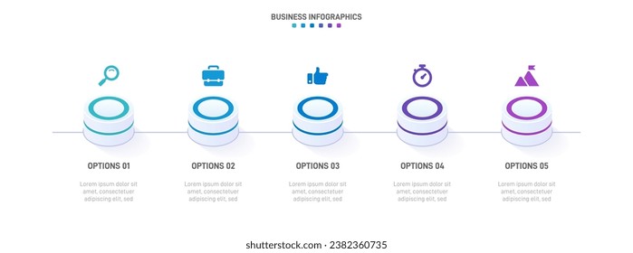 Timeline infographic with infochart. Modern presentation template with 5 spets for business process. Website template on white background for concept modern design. Horizontal layout.