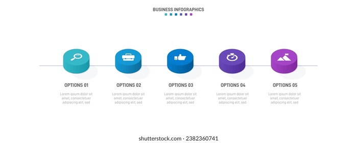 Timeline infographic with infochart. Modern presentation template with 5 spets for business process. Website template on white background for concept modern design. Horizontal layout.