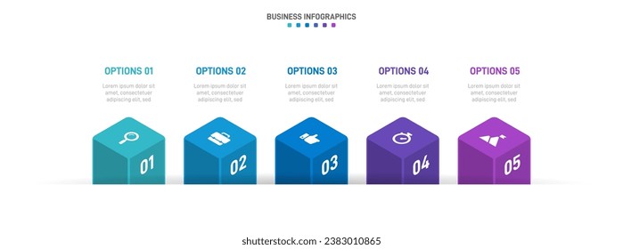 Timeline infographic with infochart. Modern presentation template with 5 spets for business process. Website template on white background for concept modern design. Horizontal layout.