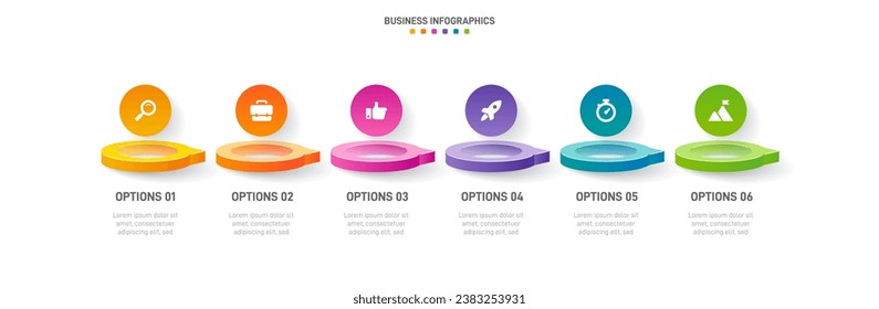 Timeline infographic with infochart. Modern presentation template with 6 spets for business process. Website template on white background for concept modern design. Horizontal layout.