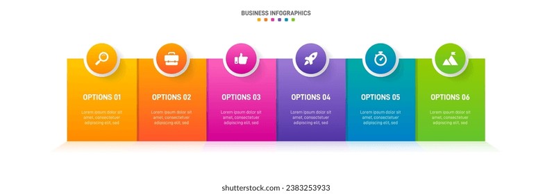 Timeline infographic with infochart. Modern presentation template with 6 spets for business process. Website template on white background for concept modern design. Horizontal layout.