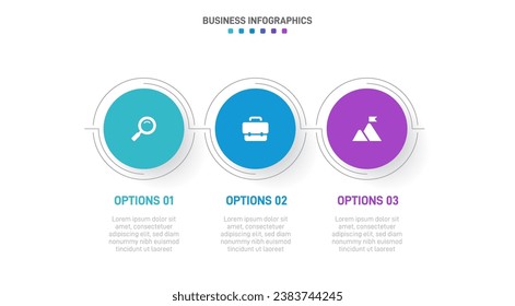 Timeline infographic with infochart. Modern presentation template with 3 spets for business process. Website template on white background for concept modern design. Horizontal layout.