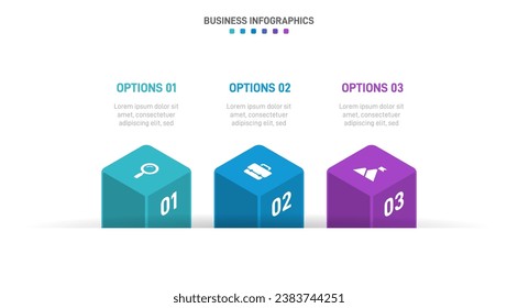 Timeline infographic with infochart. Modern presentation template with 3 spets for business process. Website template on white background for concept modern design. Horizontal layout.