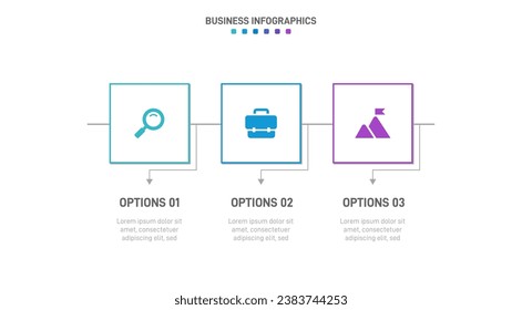 Infografik der Zeitachse mit Infochart. Moderne Präsentationsvorlage mit 3 Beispielen für Geschäftsprozesse. Website-Vorlage auf weißem Hintergrund für konzeptionelles modernes Design. Horizontales Layout.