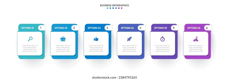 Timeline infographic with infochart. Modern presentation template with 6 spets for business process. Website template on white background for concept modern design. Horizontal layout.