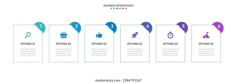 Timeline infographic with infochart. Modern presentation template with 6 spets for business process. Website template on white background for concept modern design. Horizontal layout.