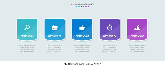 Timeline infographic with infochart. Modern presentation template with 5 spets for business process. Website template on white background for concept modern design. Horizontal layout.