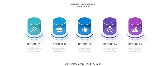 Timeline infographic with infochart. Modern presentation template with 5 spets for business process. Website template on white background for concept modern design. Horizontal layout.