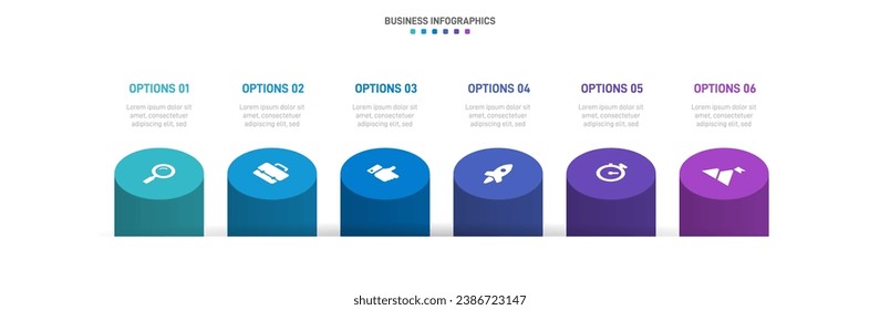 Timeline infographic with infochart. Modern presentation template with 6 spets for business process. Website template on white background for concept modern design. Horizontal layout.