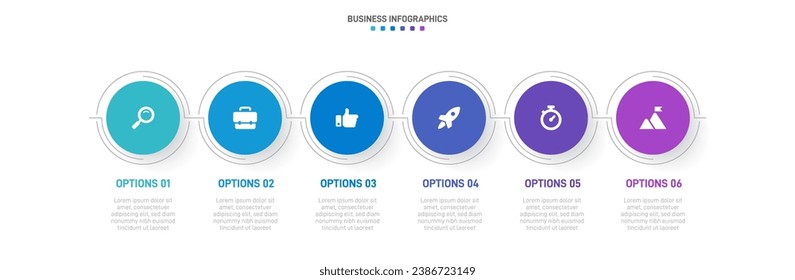 Infografía de la línea de tiempo con infografía. Moderna plantilla de presentación con 6 velocidades para procesos de negocios. Plantilla de sitio web sobre fondo blanco para el concepto de diseño moderno. Diseño horizontal.