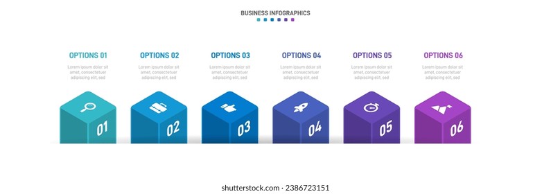 Timeline infographic with infochart. Modern presentation template with 6 spets for business process. Website template on white background for concept modern design. Horizontal layout.