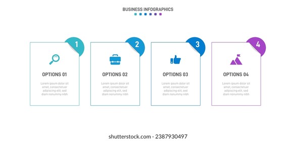 Timeline infographic with infochart. Modern presentation template with 4 spets for business process. Website template on white background for concept modern design. Horizontal layout.
