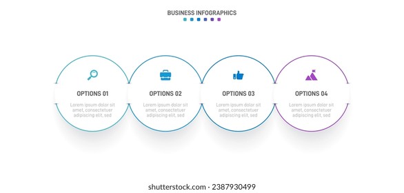 Timeline infographic with infochart. Modern presentation template with 4 spets for business process. Website template on white background for concept modern design. Horizontal layout.