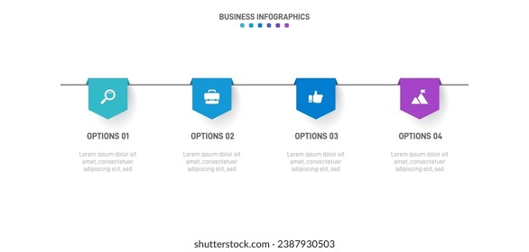 Timeline infographic with infochart. Modern presentation template with 4 spets for business process. Website template on white background for concept modern design. Horizontal layout.