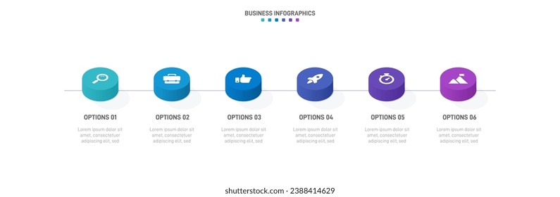 Timeline infographic with infochart. Modern presentation template with 6 spets for business process. Website template on white background for concept modern design. Horizontal layout.