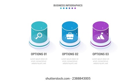 Timeline infographic with infochart. Modern presentation template with 3 spets for business process. Website template on white background for concept modern design. Horizontal layout.