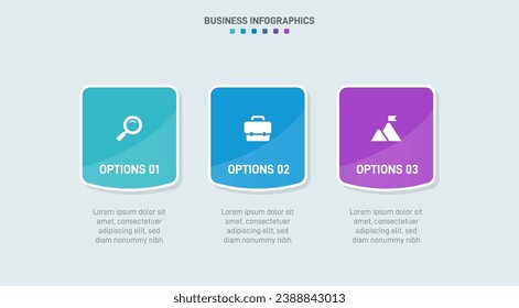 Timeline infographic with infochart. Modern presentation template with 3 spets for business process. Website template on white background for concept modern design. Horizontal layout.