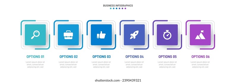 Timeline infographic with infochart. Modern presentation template with 6 spets for business process. Website template on white background for concept modern design. Horizontal layout.