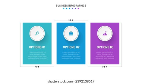 Timeline infographic with infochart. Modern presentation template with 3 spets for business process. Website template on white background for concept modern design. Horizontal layout.