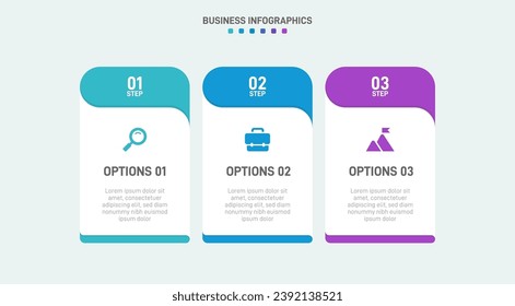Timeline infographic with infochart. Modern presentation template with 3 spets for business process. Website template on white background for concept modern design. Horizontal layout.