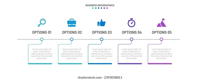 Timeline infographic with infochart. Modern presentation template with 5 spets for business process. Website template on white background for concept modern design. Horizontal layout.