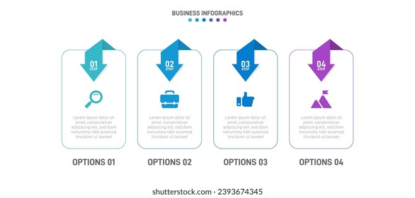Timeline infographic with infochart. Modern presentation template with 4 spets for business process. Website template on white background for concept modern design. Horizontal layout.