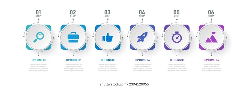 Infografía de la línea de tiempo con infografía. Moderna plantilla de presentación con 6 velocidades para procesos de negocios. Plantilla de sitio web sobre fondo blanco para el concepto de diseño moderno. Diseño horizontal.