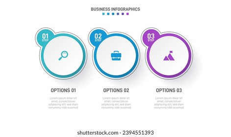 Timeline infographic with infochart. Modern presentation template with 3 spets for business process. Website template on white background for concept modern design. Horizontal layout.
