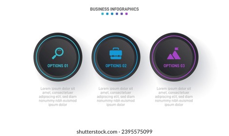 Timeline infographic with infochart. Modern presentation template with 3 spets for business process. Website template on white background for concept modern design. Horizontal layout.