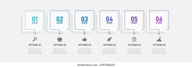 Infografía de la línea de tiempo con infografía. Moderna plantilla de presentación con 6 velocidades para procesos de negocios. Plantilla de sitio web sobre fondo blanco para el concepto de diseño moderno. Diseño horizontal.