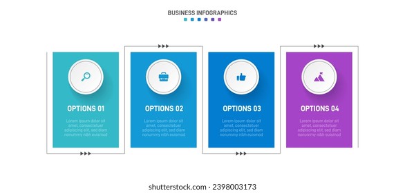 Infografik der Zeitachse mit Infochart. Moderne Präsentationsvorlage mit 4 Spuren für Geschäftsprozesse. Website-Vorlage auf weißem Hintergrund für konzeptionelles modernes Design. Horizontales Layout.