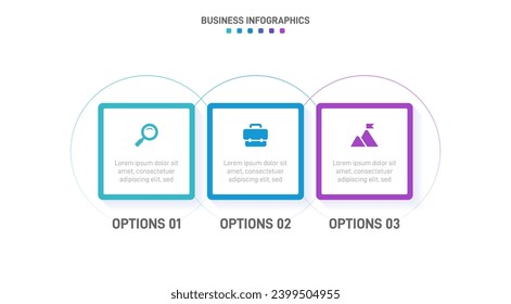 Timeline infographic with infochart. Modern presentation template with 3 spets for business process. Website template on white background for concept modern design. Horizontal layout.