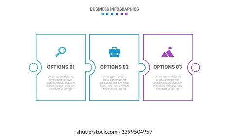 Timeline infographic with infochart. Modern presentation template with 3 spets for business process. Website template on white background for concept modern design. Horizontal layout.