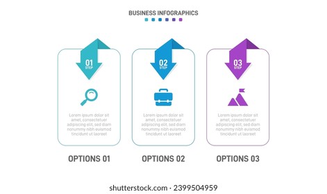 Timeline infographic with infochart. Modern presentation template with 3 spets for business process. Website template on white background for concept modern design. Horizontal layout.