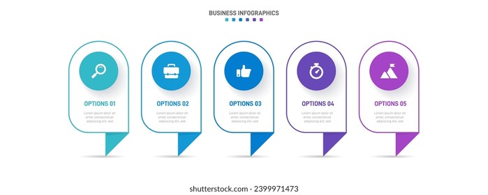 Timeline infographic with infochart. Modern presentation template with 5 spets for business process. Website template on white background for concept modern design. Horizontal layout.