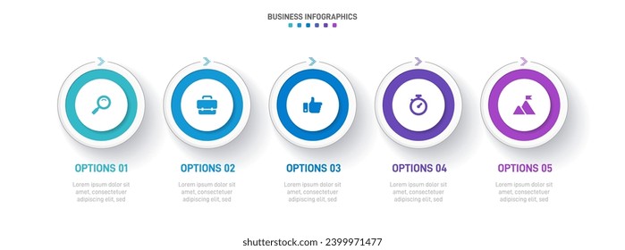 Timeline infographic with infochart. Modern presentation template with 5 spets for business process. Website template on white background for concept modern design. Horizontal layout.